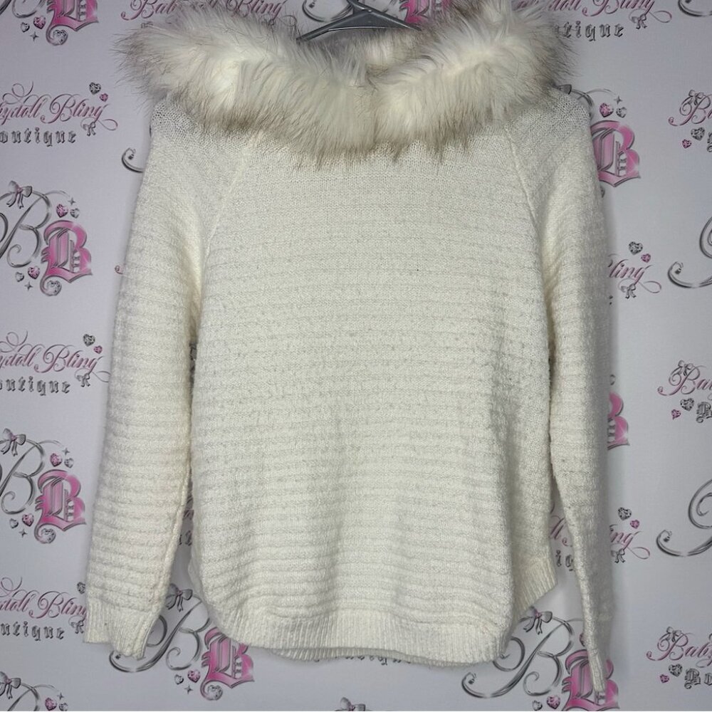 Cat & jack sweater pull over faux fur trim hood hoodie warm cozy knit crochet